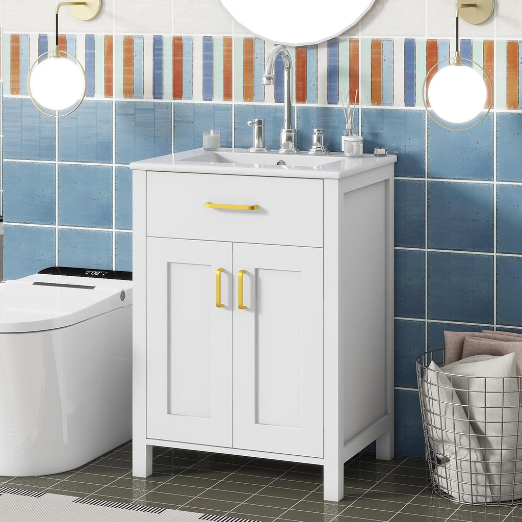 Harper & Bright Designs 24' Bathroom Vanity with Sink, Free Standing Single Basin Vanity Set with 2 Soft-Close Doors and Drawer, Modern Wooden Bathroom Cabinet with Ceramic Basin for Bathroom, White