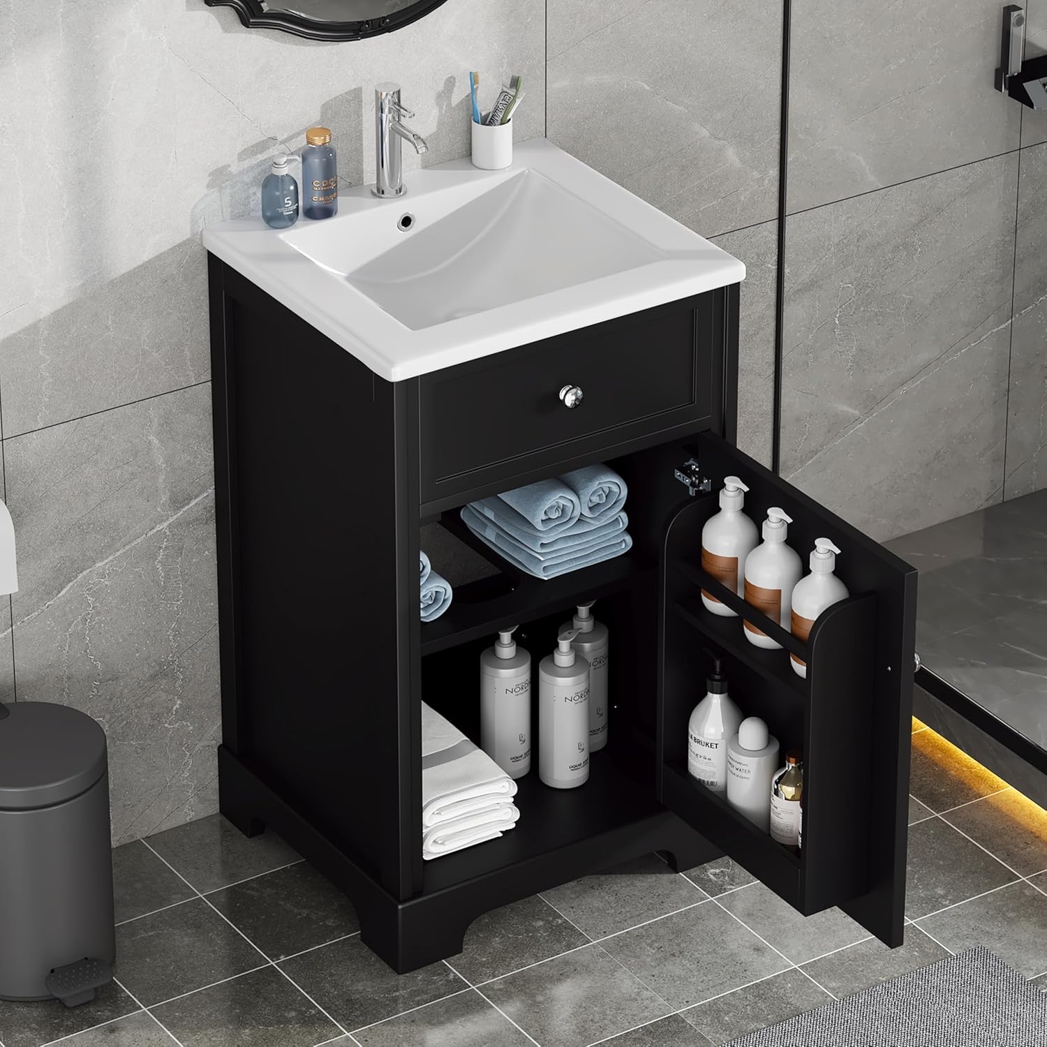 VilroCaz Modern 20' Bathroom Vanity with Sink, Freestanding Bathroom Cabinet with Soft Closing Door, Storage Rack and Adjustable Shelve (Black-10.8)