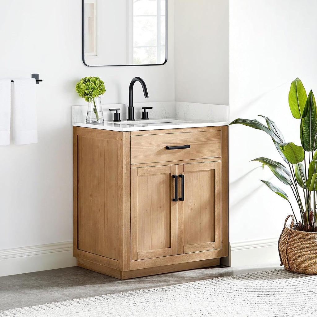 ALTAIR 30 Inch Vanity Bathroom Small Single Sink Vanities with Ceramic Countertop Pre-Assembled Sidesplash and Backsplash Included Light Brown