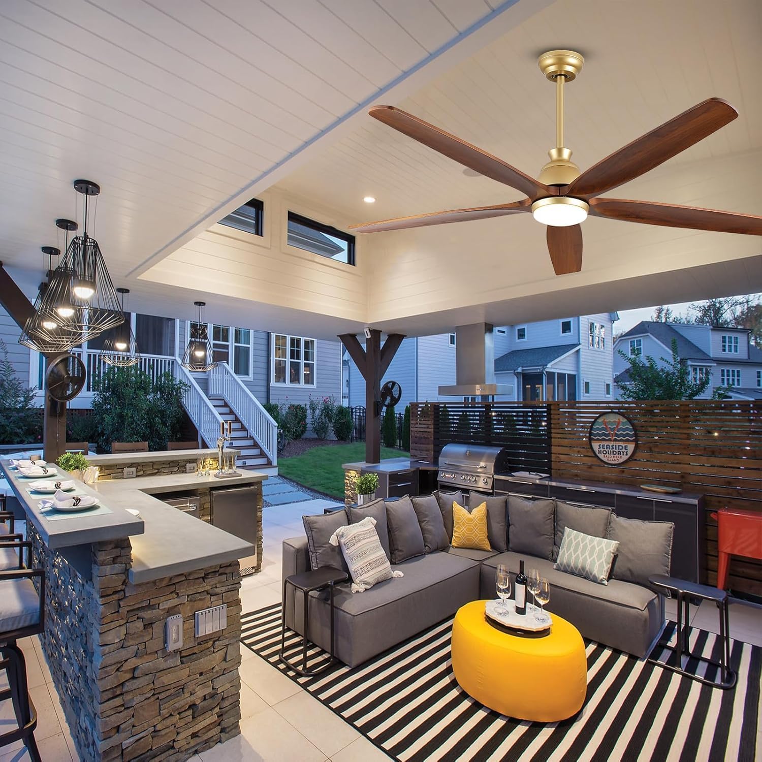 72 inch Gold Ceiling Fans with Lights and Remote, Large Airflow Solid Wood Ceiling Fan with 5 Blades, 3CCT Dimmable, Indoor Quiet DC Motor Celing Fans Exterior for Covered Patios Porch