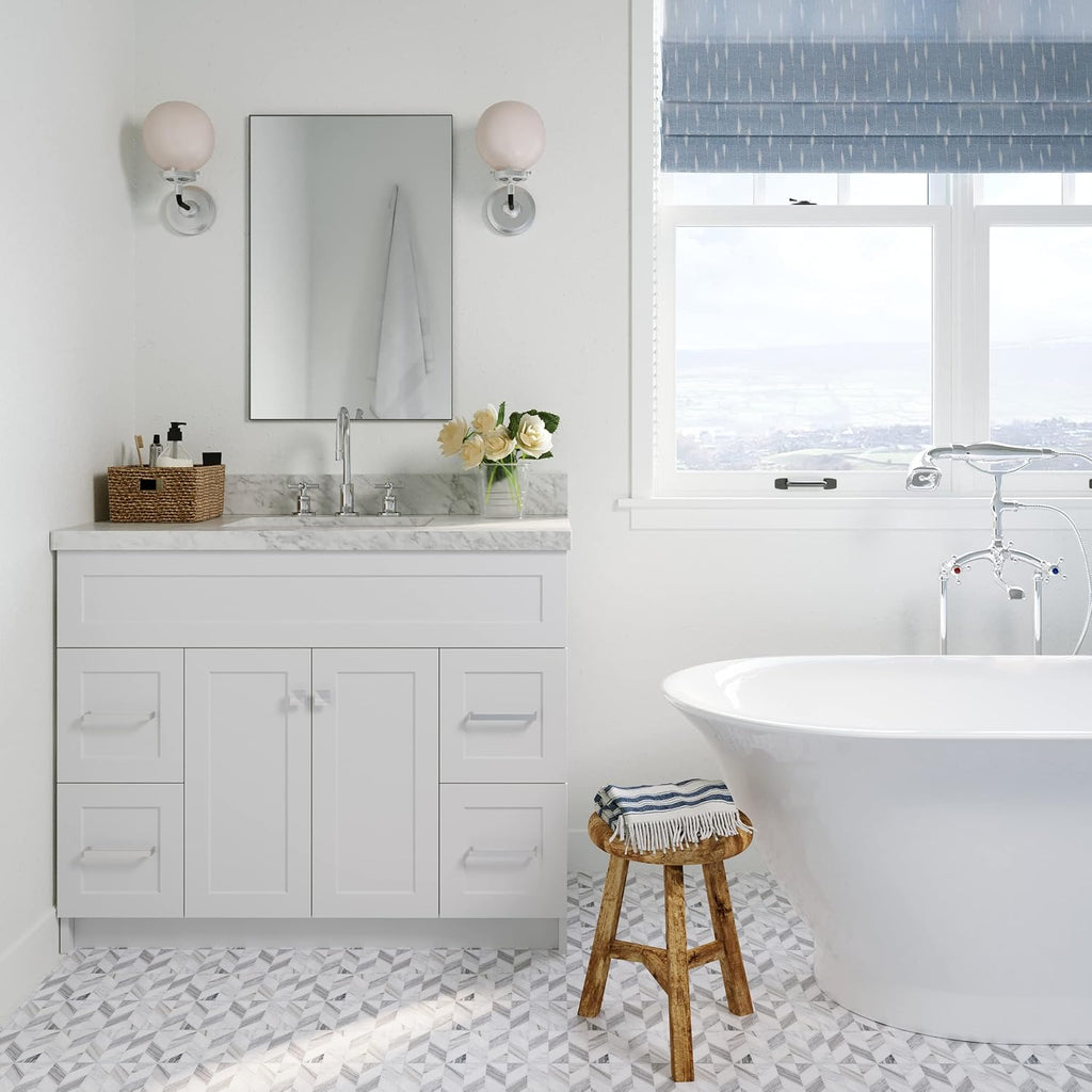 ARIEL 48-Inch Midnight Blue Bathroom Vanity with Sink, 1.5' Pure White Quartz Countertop & Backsplash, Rectangular Sink, 2 Soft Closing Doors, 4 Dovetail Drawers, Toe Kick, Satin Brass