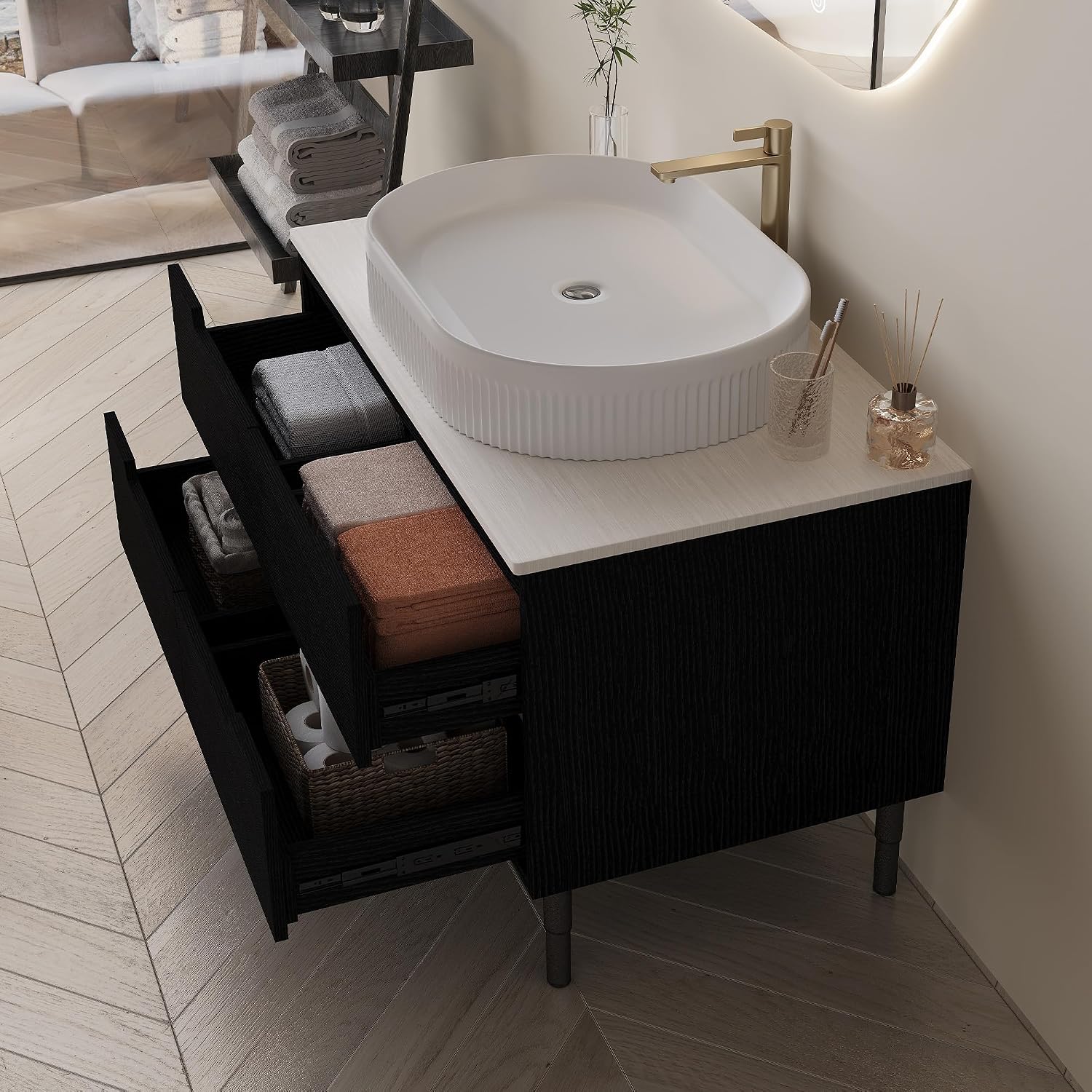 36' Bathroom Vanity with Above Oval Sink Set, Modern Black 2-in-1 Wall Mounted & Freestanding Bathroom Vanity Cabinet with Sintered Stone top&4 Storage Drawers, Bathroom Single Sink Cabinet