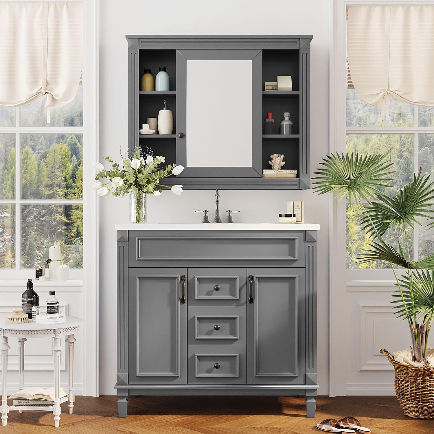 Merax 36' Bathroom Vanities with Matching Medicine Cabinet & Single Sink, Modern Undermount Bathroom Sink Cabinet with 3 Closing Doors & 2 Full Extension Dovetail Drawers