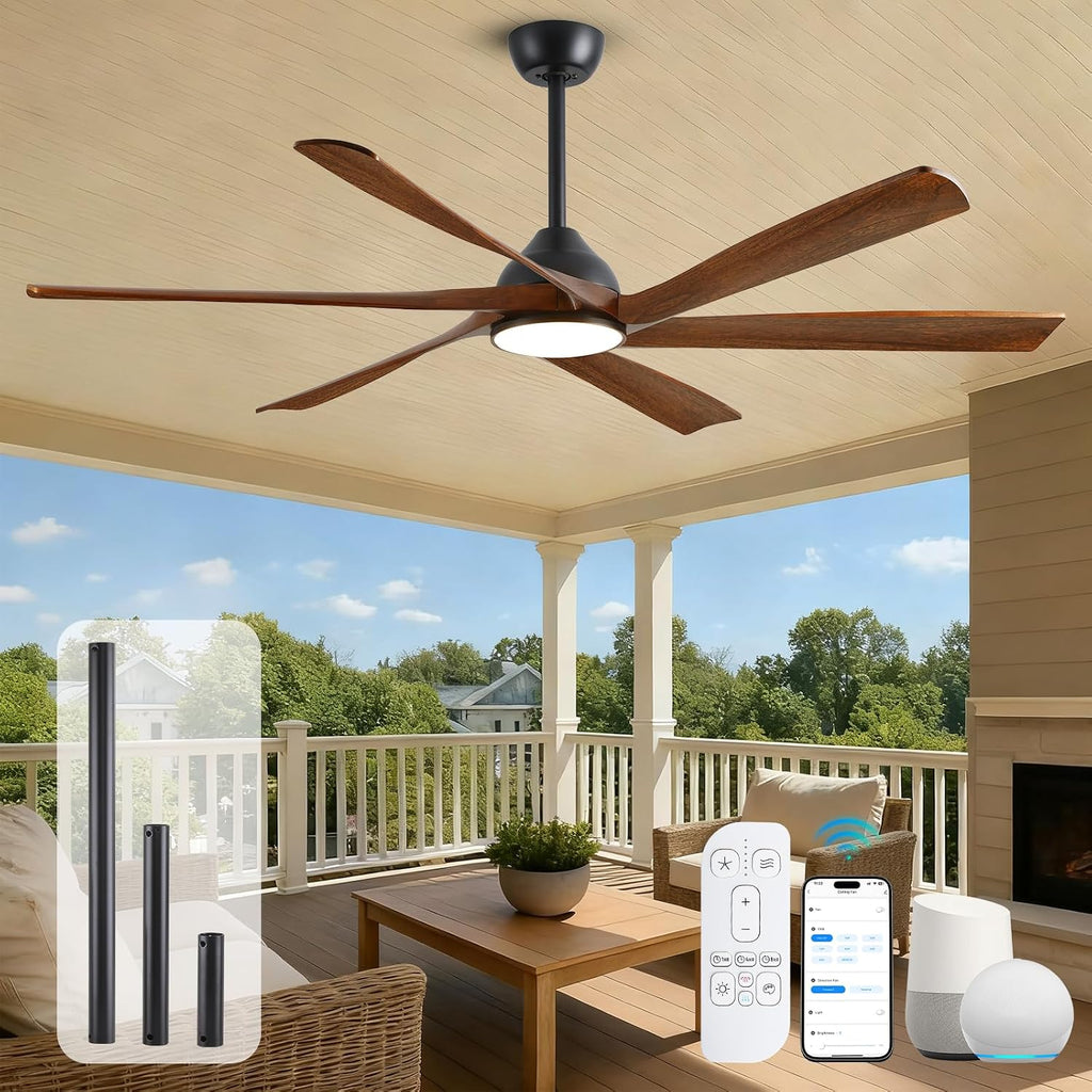60 Inch Outdoor Smart Ceiling Fan with Lights, Alexa/App/Remote Control, Rustic Farmhouse Style-6 Wood Fan Blades, 7775 High CFM, Quiet Reversible DC Motor, 3 Downrods, Damp-Rated for Indoor Exterior