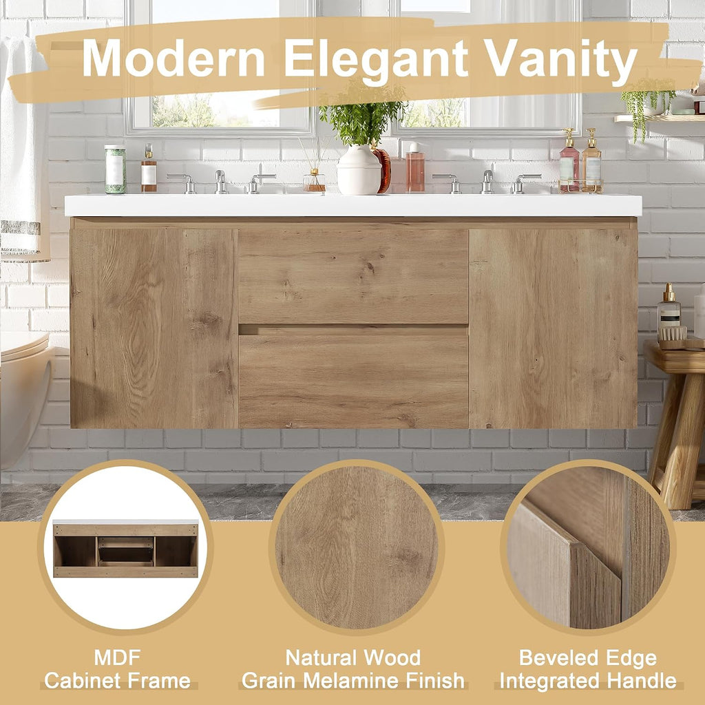 60'' Floating Bathroom Vanity with Sink, Wall-Mounted Cabinet with Drawer & Doors, SMC Resin Top Undermount Basin, Soft-Close, No Handle for Large Bathrooms