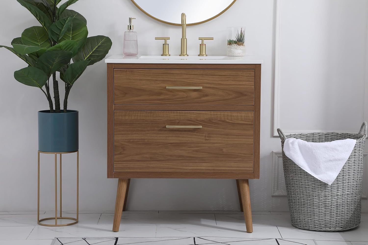 30' Pre-Assembled Bathroom Vanity with Sink, Engineered Wood, Ivory White Engineered Marble Countertop Attached, Single Rectangle Porcelain Sink, 2 Soft-Close Drawers, Walnut Brown