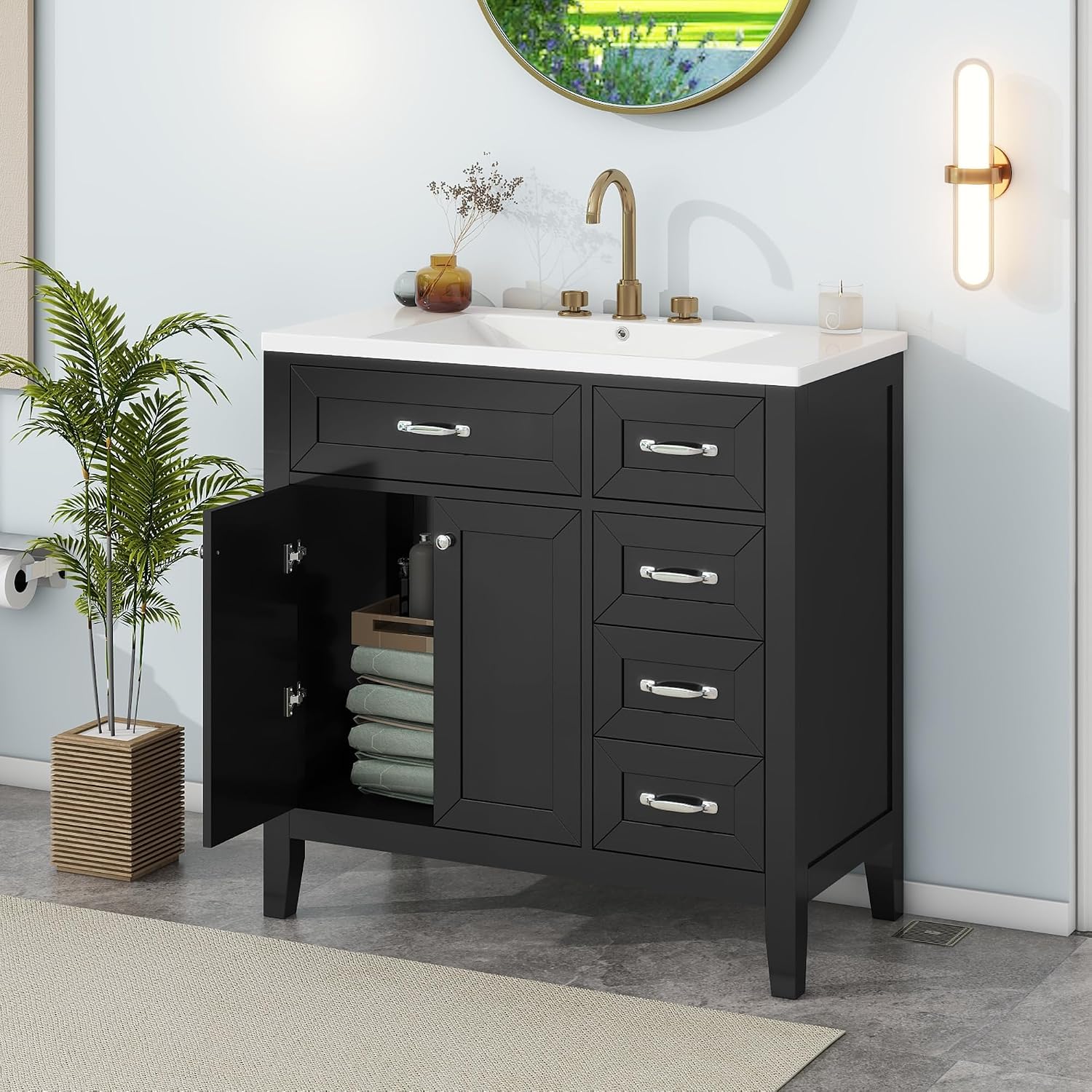 36' Vanity with Sink, Bathroom Vanity witn Top, 36 Inch Vanity and Sink with Countertop, 3 Drawers and 2 Doors for Bathroom No Mirror (Black)