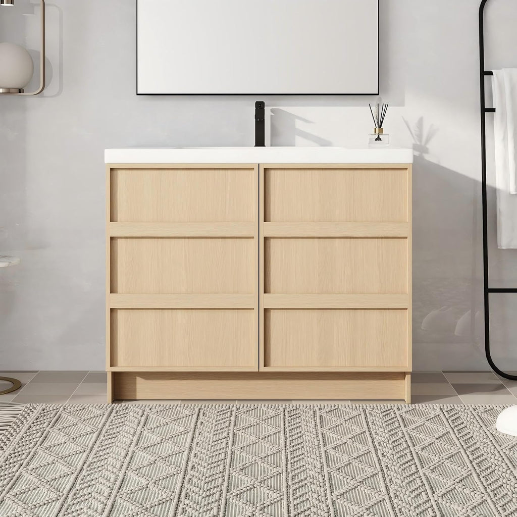 42' Bathroom Vanity with Sink, 42 Inch FreeStanding Vanity, Single Sink Floor Stand Vanity Combo, Modern Brown Bathroom Vanity Set with 2 Soft-Close Doors and Adjustable Shelf
