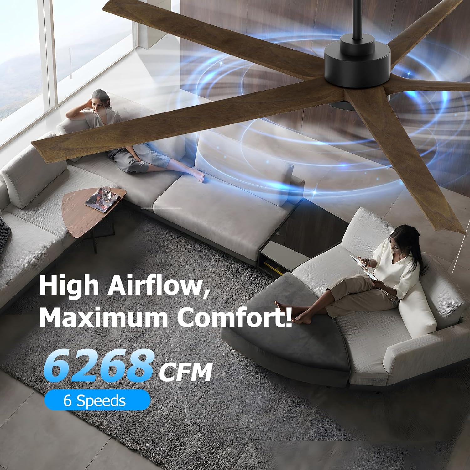 72 Inch Ceiling Fan with Lights, Outdoor Wood Silent Ceiling Fans, Modern Large Airflow High CFM Farmhouse Fan, Quiet Reversible DC Motor 5 Blades for Bedroom Living Room Exterior Patios