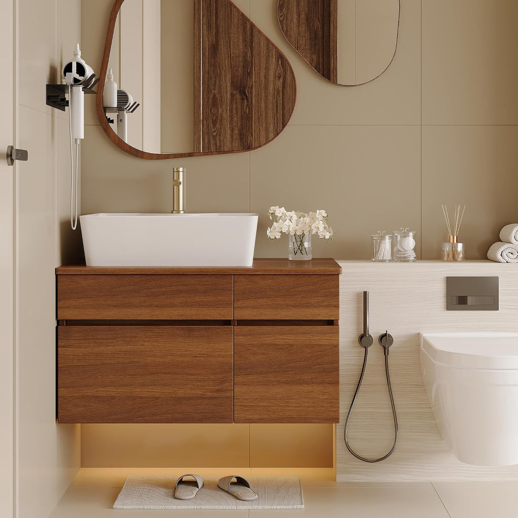 32 inch Bathroom Vanity with Counter Top Ceramic Sink Modern Floating Bathroom Vanities with 1 Drawers and 2 Storage Cabinets, 32' Wall Mounted Bathroom Vanity Wood Cabinet with Sink, Walnutl