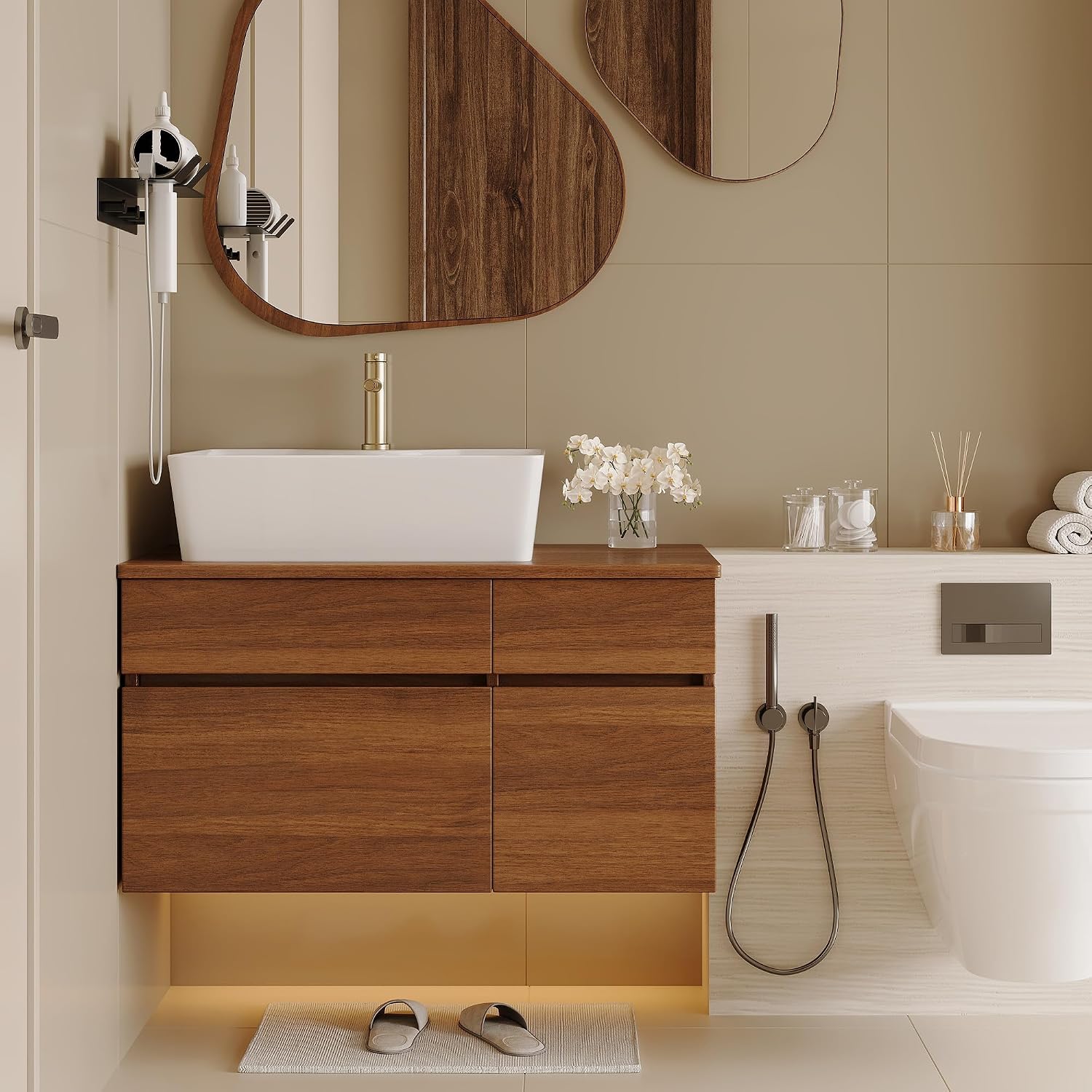 32 inch Bathroom Vanity with Counter Top Ceramic Sink Modern Floating Bathroom Vanities with 1 Drawers and 2 Storage Cabinets, 32' Wall Mounted Bathroom Vanity Wood Cabinet with Sink, Walnutl