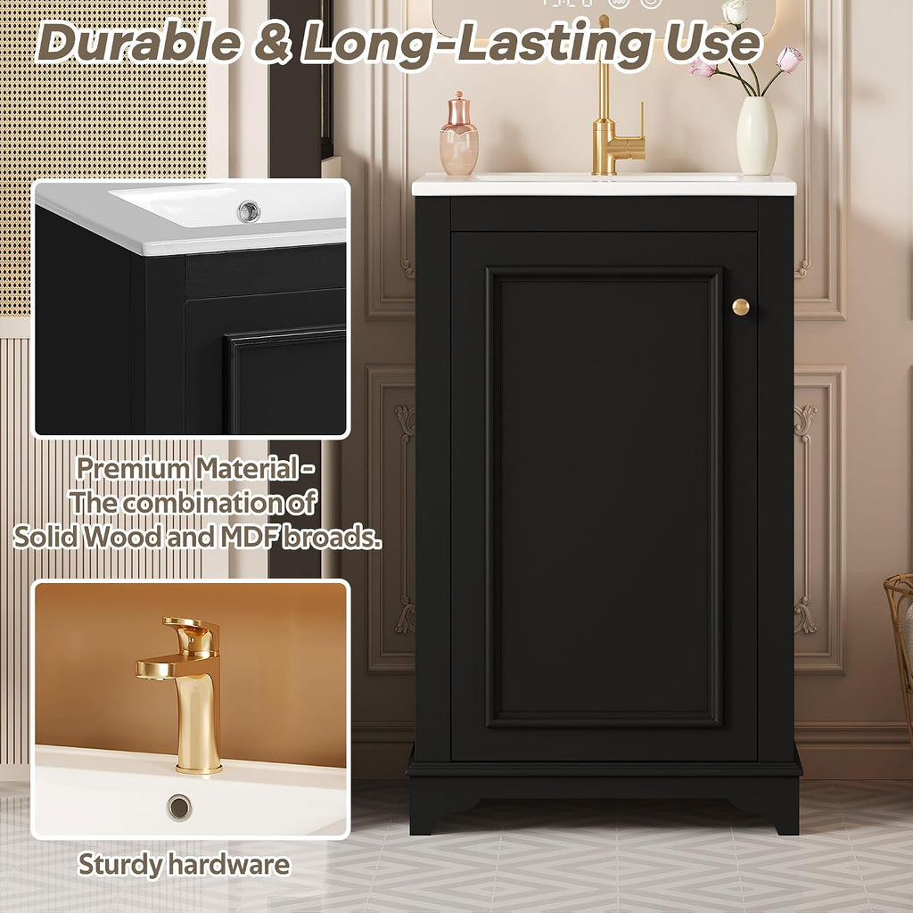 20-inch Bathroom Vanity with Sink Combo, Free-Standing Single Bathroom Storage Cabinet with Soft Close Door & Adjustable Shelf, Wooden Vanity Set with Ceramic Basin for Bathroom (Black)