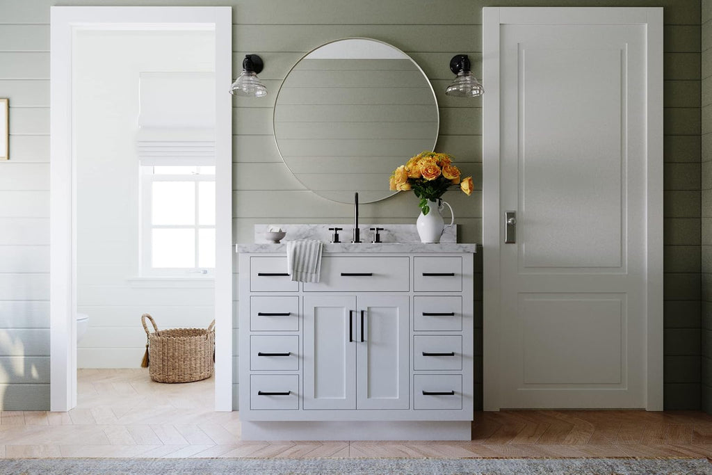 DKB Isabella 42-Inch White Single Bathroom Vanity with Sink, 1.5' Edge Italian Carrara Marble Countertop & Splash, Rectangular Undermount Sink, 2 Soft Closing Doors, 9 Dovetail Drawers, Toe Kick