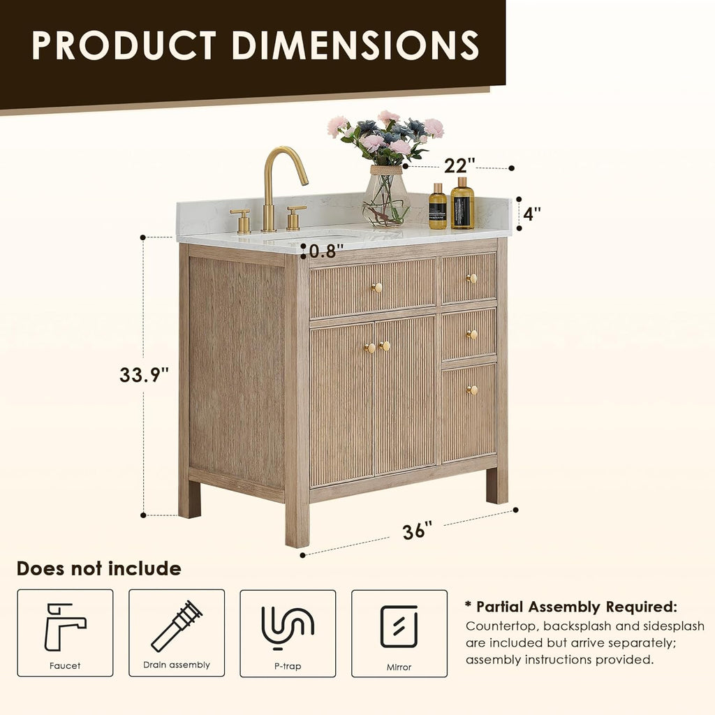 Cerrito 36' Wood Vanity in Nature Oak Engineered Stone Top no Mirror