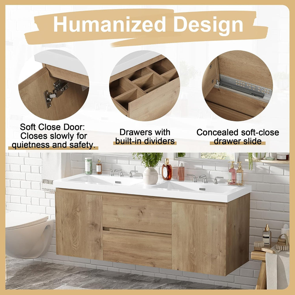 60'' Floating Bathroom Vanity with Sink, Wall-Mounted Cabinet with Drawer & Doors, SMC Resin Top Undermount Basin, Soft-Close, No Handle for Large Bathrooms