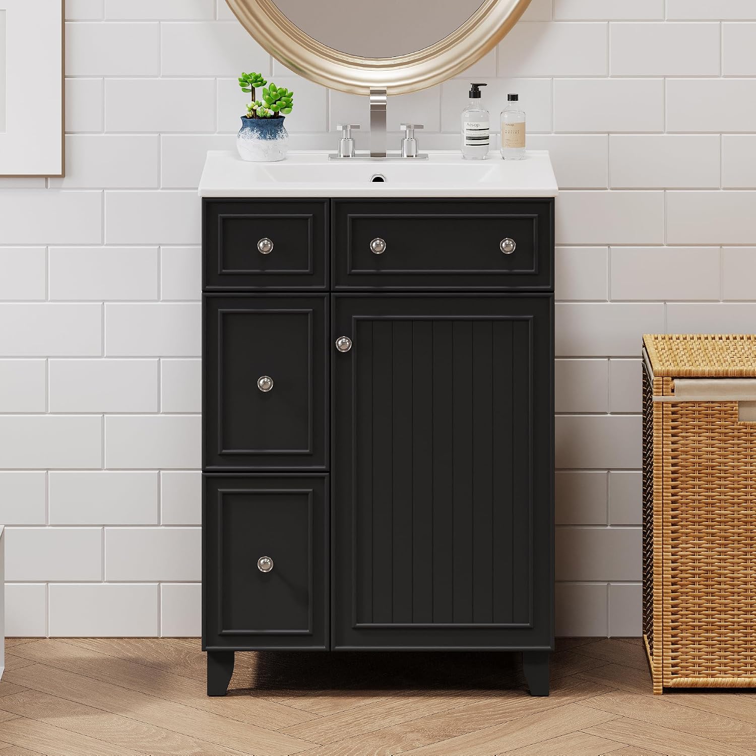 24-inch Bathroom Vanity with Sink Combo Set, Free-Standing Single Storage Cabinet with 2 Drawers and Single Door, Vanity with Ceramic Basin for Bathroom (Black)