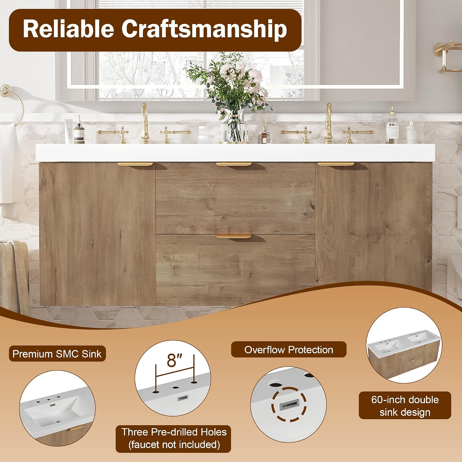 60'' Floating Bathroom Vanity with Sink, Wall-Mounted Cabinet with Drawer & Doors, SMC Resin Top Undermount Basin, Soft-Close, with Handle for Large Bathrooms