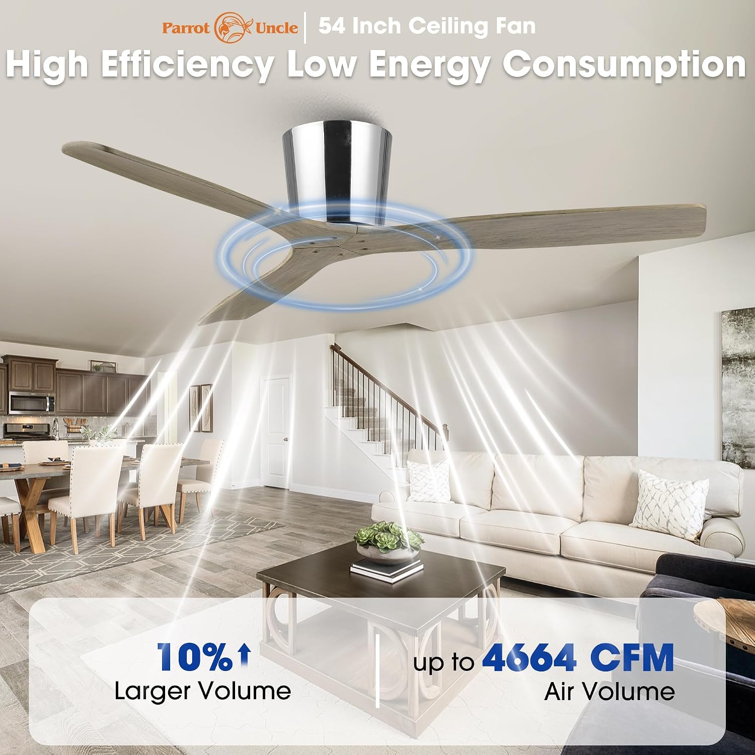 Low Profile Ceiling Fans Without Lights, 54 Inch Flush Mount Ceiling Fan with Remote Control, 3 Wood Blades, Reversible DC Motor Ceiling Fan No Light for Bedroom Living Room, Silver
