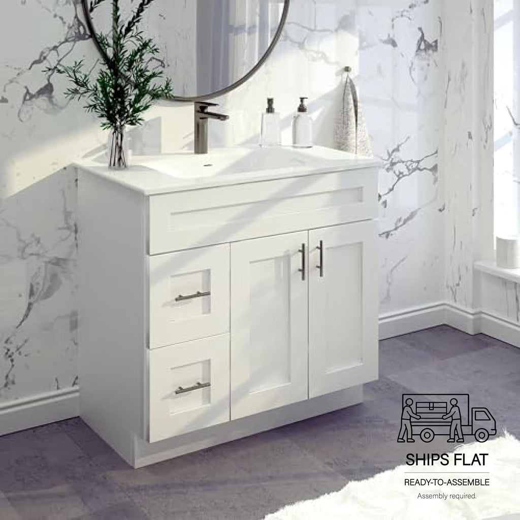White Shaker Bathroom Vanity with Sink 36' – Solid Surface One-Piece Top, Soft-Close Doors & Drawers, Polyurethane Nano Resin Sink, Pre-Drilled Faucet Hole, Modern Bath Vanity Cabinet Set