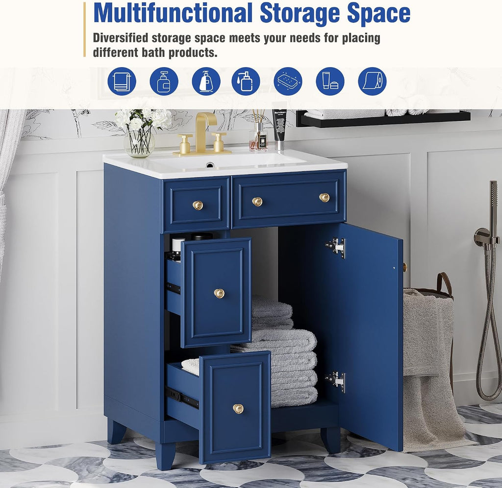 24-inch Bathroom Vanity with Sink Combo Set, Free-Standing Single Storage Cabinet with 2 Drawers and Single Door, Vanity with Ceramic Basin for Bathroom (Blue)