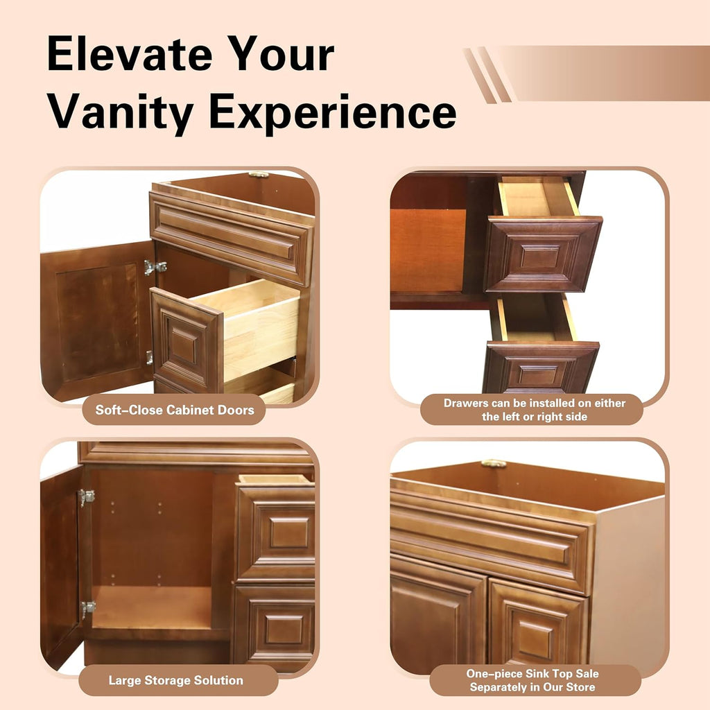 30' Shaker Bathroom Vanity Sink Base with Drawers (Ready-to-Assemble) (Maple Walnut Vanity Base)