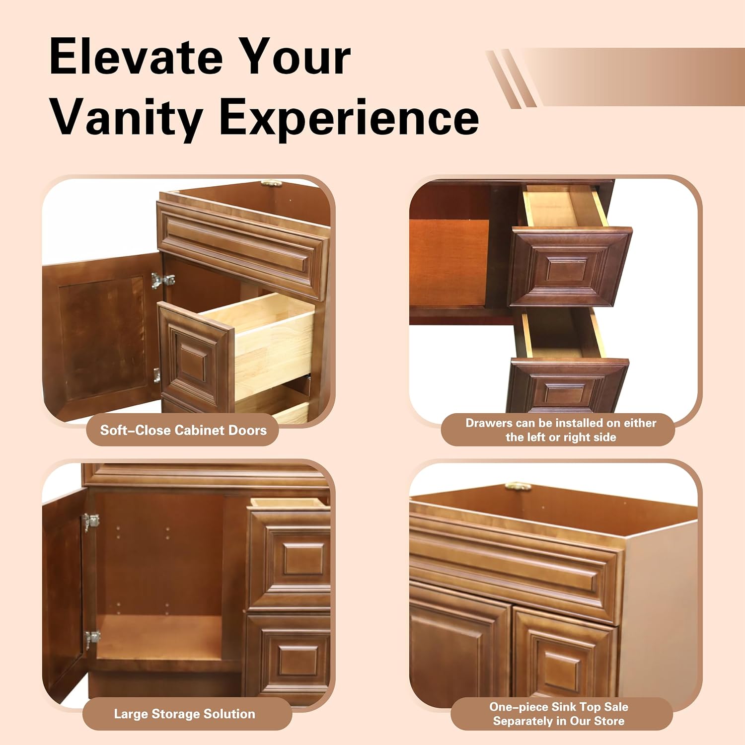 30' Shaker Bathroom Vanity Sink Base with Drawers (Ready-to-Assemble) (Maple Walnut Vanity Base)