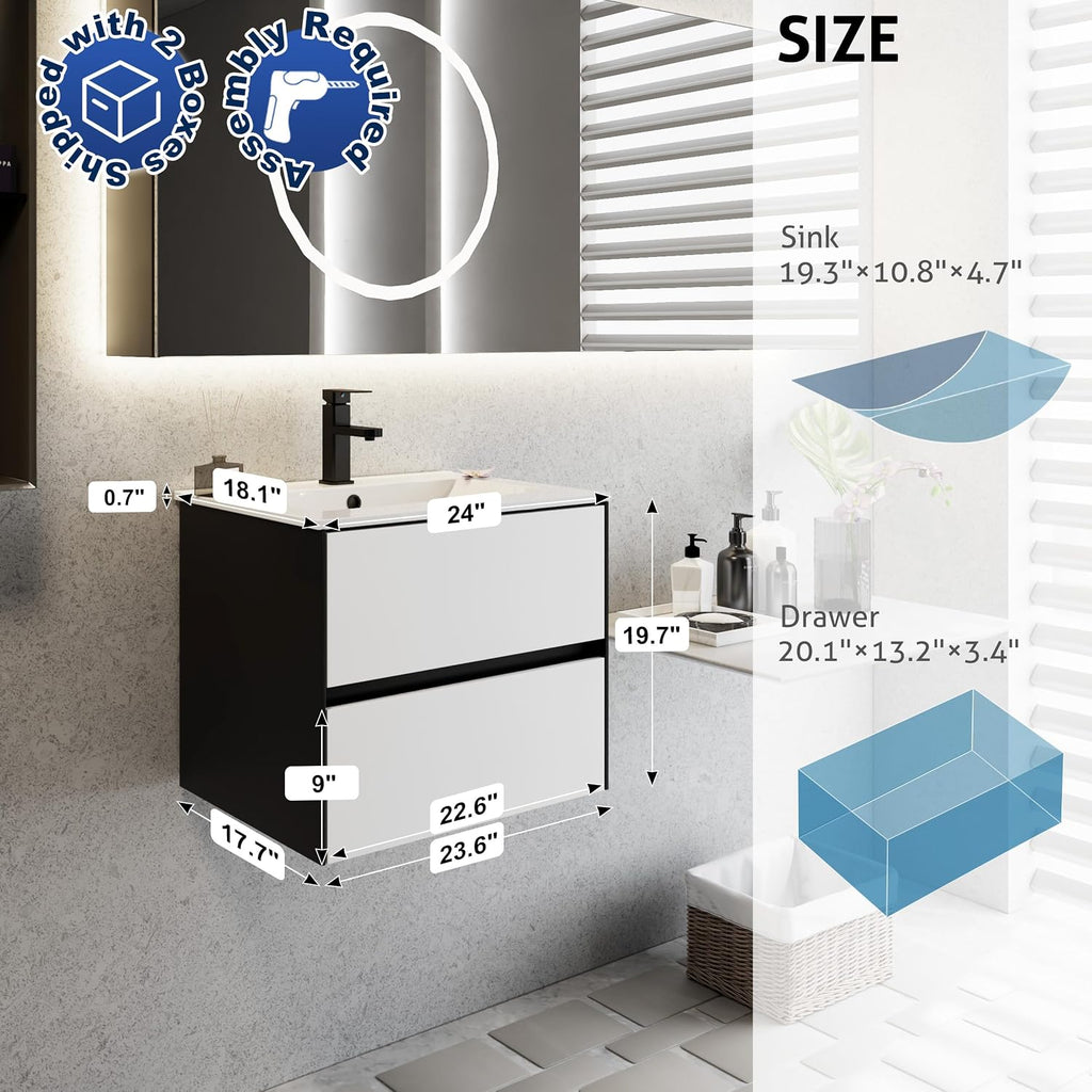 eclife 24' Bathroom Vanity Cabinet with Undermount White Sink Combo, Wall Mounted Floating Bathroom Cabinet with Colors Mixed Style, 2 Big Drawers & Matte Black Faucet