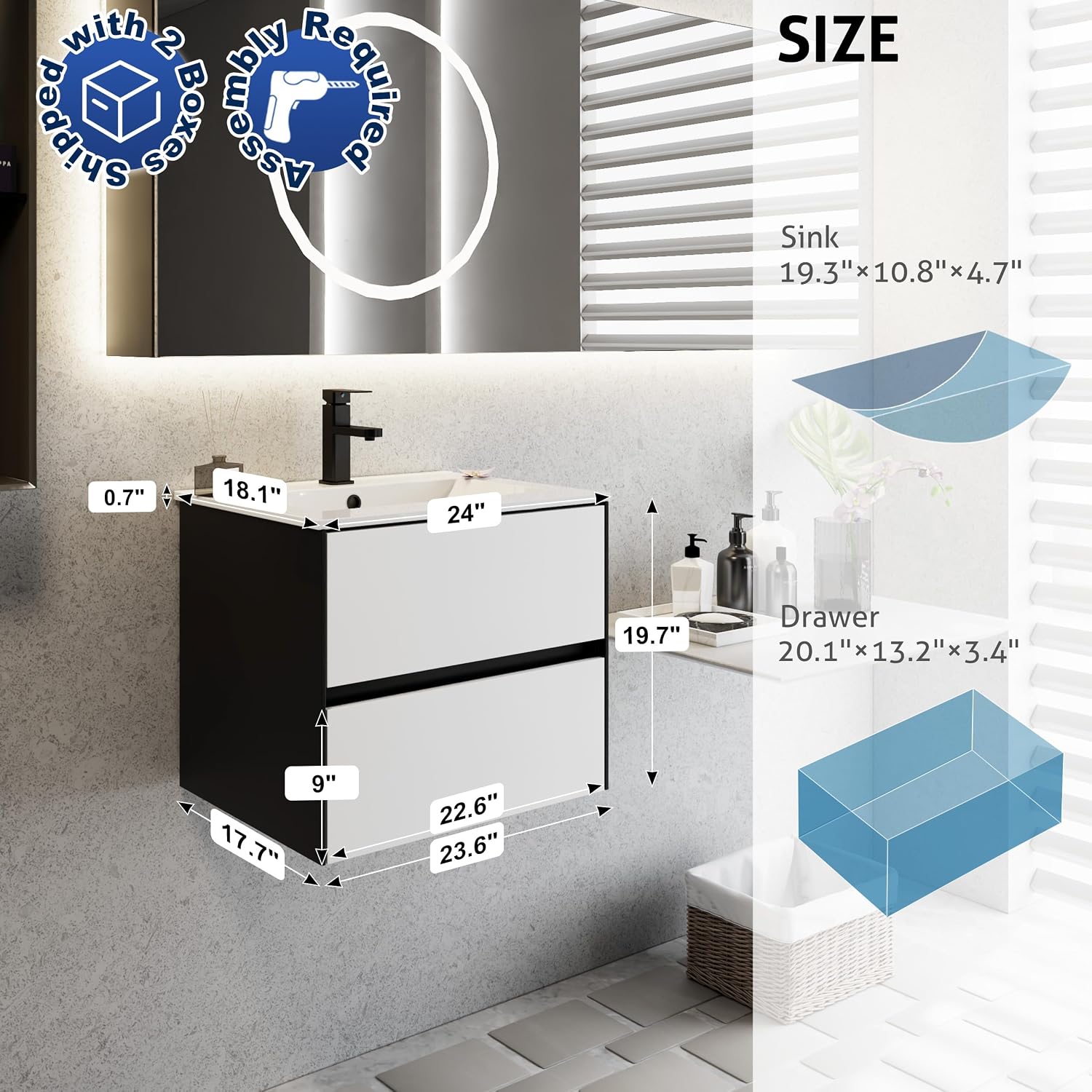 eclife 24' Bathroom Vanity Cabinet with Undermount White Sink Combo, Wall Mounted Floating Bathroom Cabinet with Colors Mixed Style, 2 Big Drawers & Matte Black Faucet