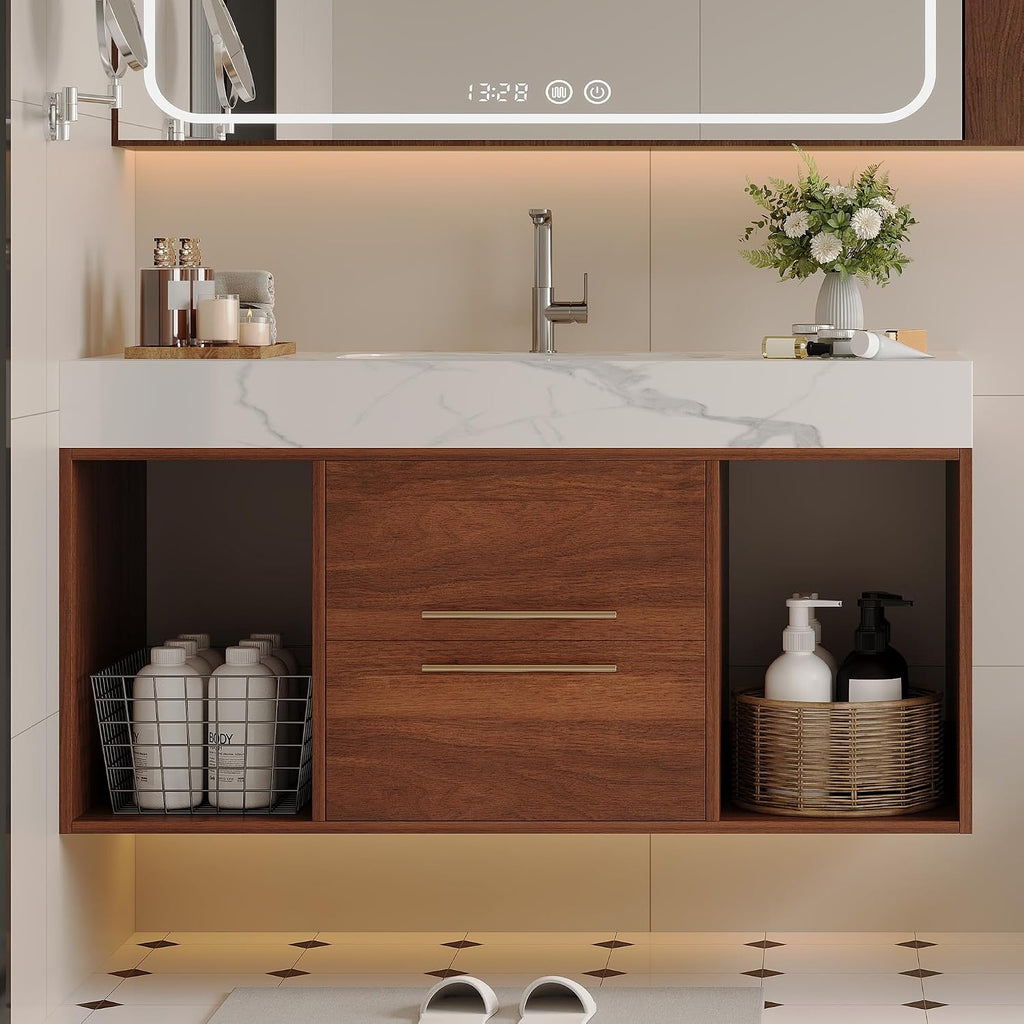 40' Bathroom Vanity with Sink Set, Modern Wall Mounted Bathroom Vanity Cabinet with Sintered Stone Top&Gold Handle 2 Drawers&2 Open Storage, Single Sink Floating Bathroom Vanities,Walnut