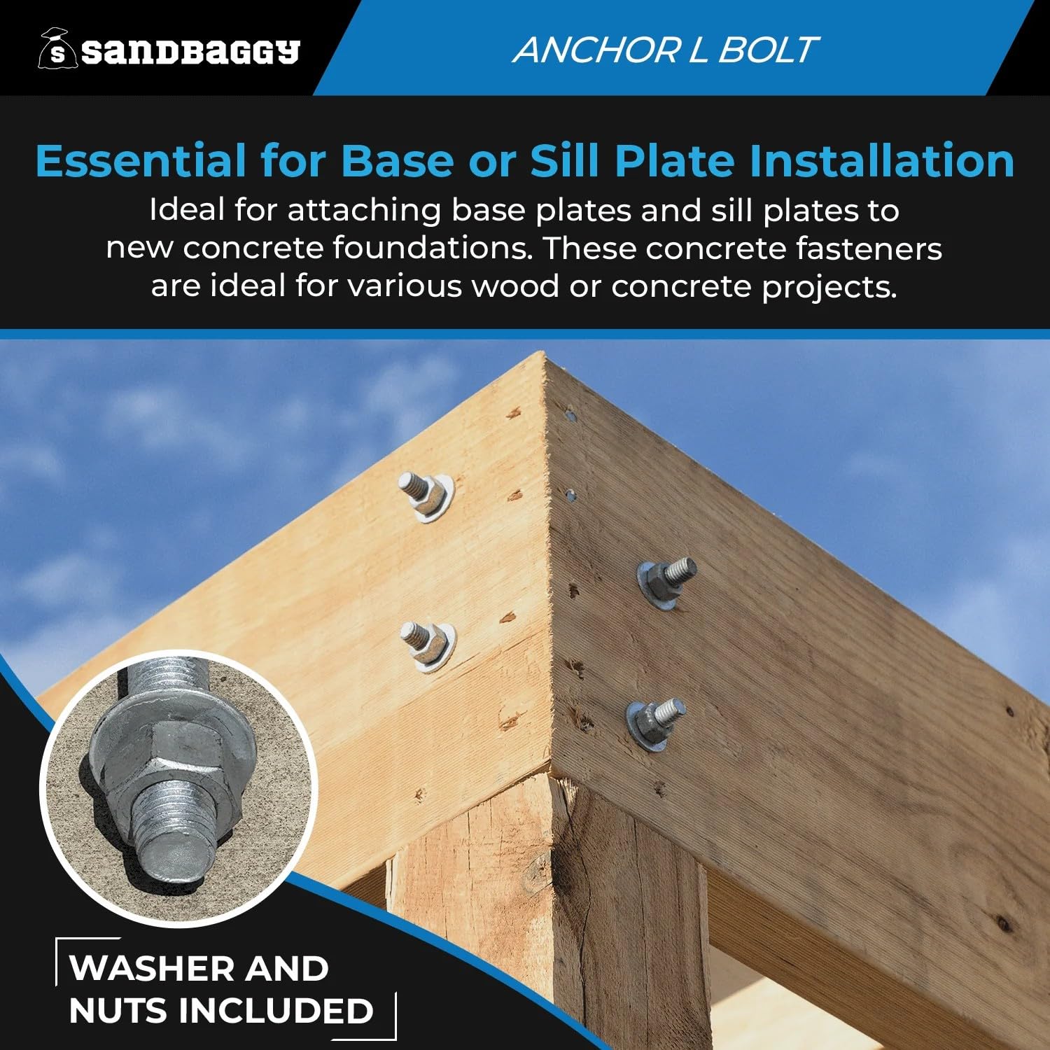 Sandbaggy 5/8' x 12' Threaded Concrete Anchor L-Bolts (Nuts & Washers Included) - Hot Dipped Galvanized - Sill Plate, Base Plate, Masonry, Wood, Cement Anchors, J Bolt (20, 5/8' x 12')