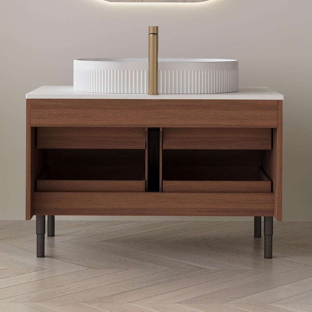 36' Bathroom Vanity with Above Oval Sink Set, Modern Walnut 2-in-1 Wall Mounted & Freestanding Bathroom Vanity Cabinet with Sintered Stone top&4 Storage Drawers, Bathroom Single Sink Cabinet