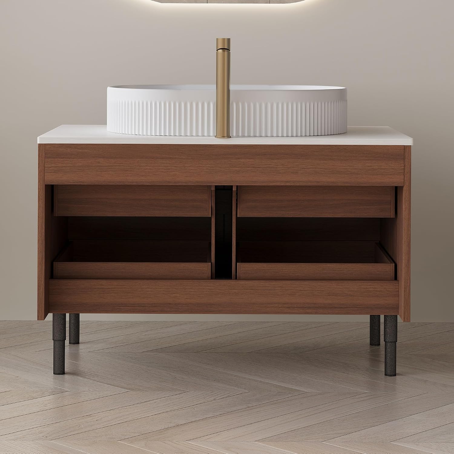 36' Bathroom Vanity with Above Oval Sink Set, Modern Walnut 2-in-1 Wall Mounted & Freestanding Bathroom Vanity Cabinet with Sintered Stone top&4 Storage Drawers, Bathroom Single Sink Cabinet