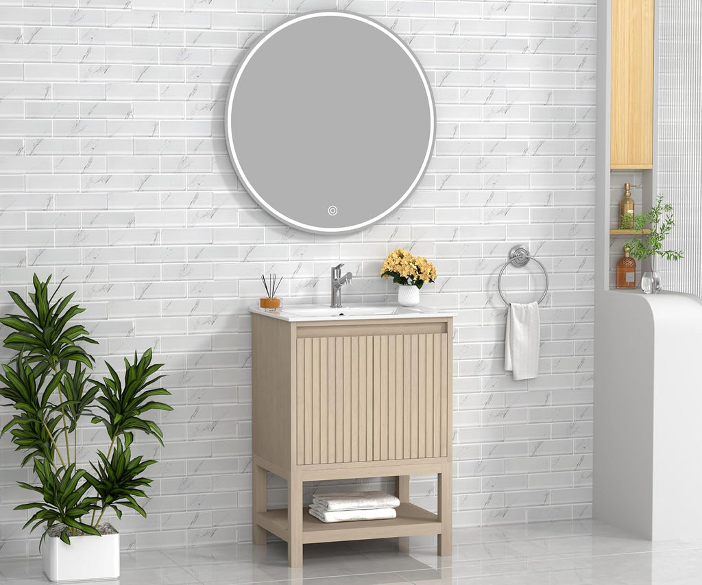 TILE & TOP Bathroom Vanity Set with Top, Sink and Backsplash, Solid Wood, Soft-Close Drawers, 1 Open Shelf, Adjustable Feet, Customer Support. (Coastal Oak, 24' Freestanding)