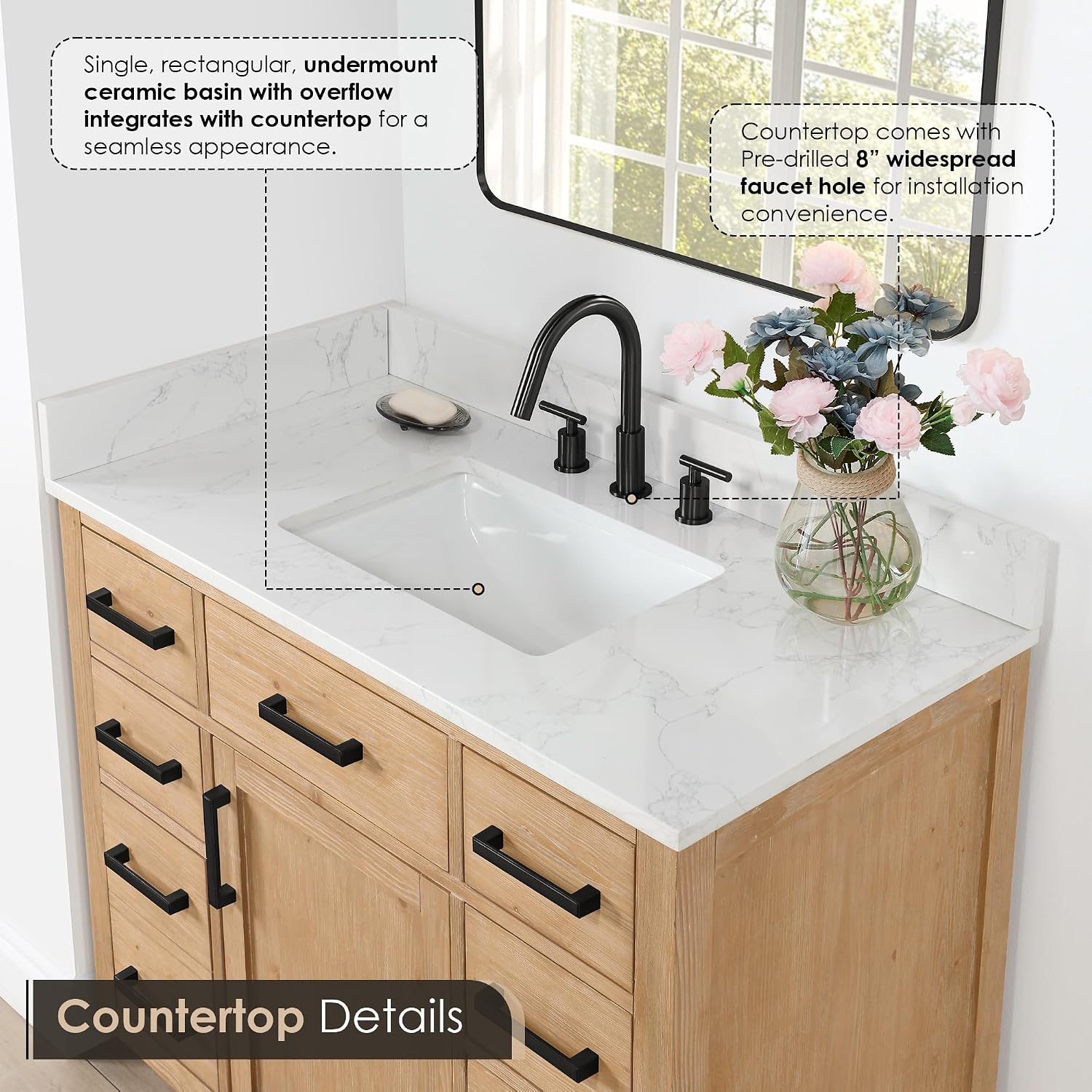 ALTAIR 42 Bathroom Vanity with Top and Sink Mordern Pedestal Single Vanities Light Brown Large Storge Cabinet with Ceramic Countertop Sidesplash and Backsplash Included Pre-Assembled