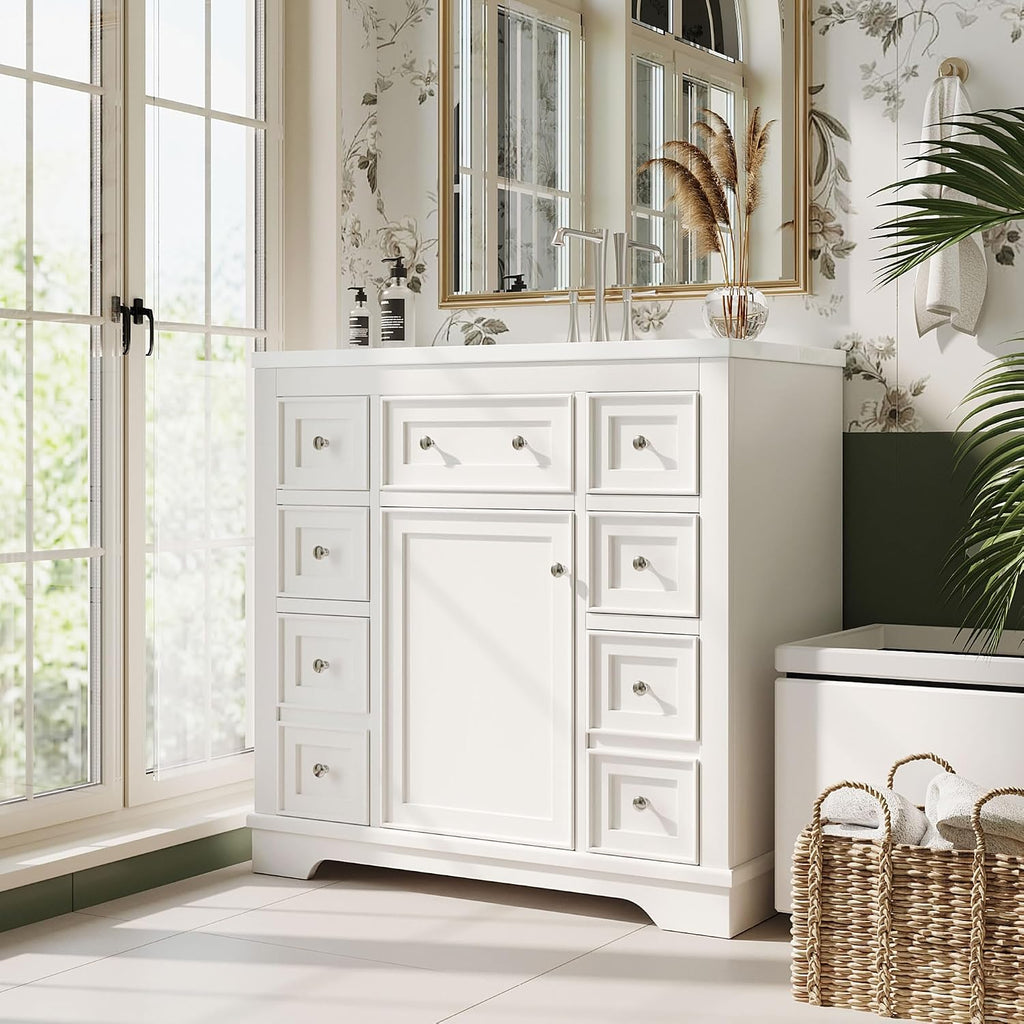 Bellemave 36' Bathroom Vanity with Basin Sink, Single Vanity Set, Vanity and Basin Sink Combo with One Cabinet and Six Drawers for Bathroom, No Mirror (White)