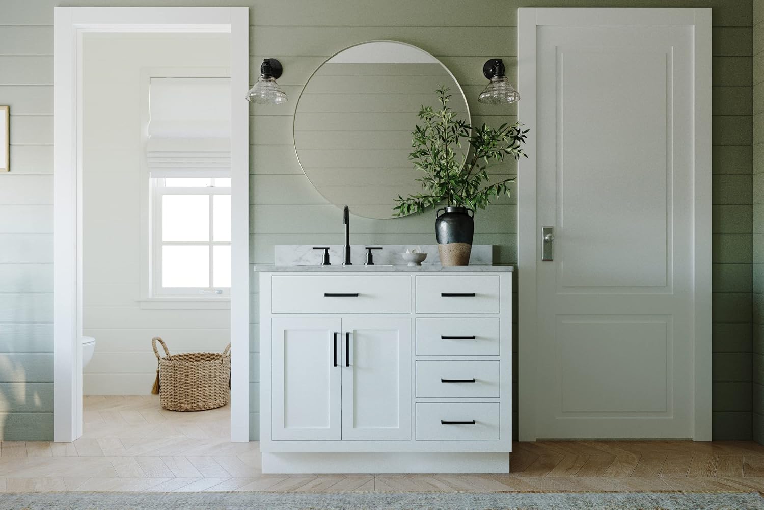 ARIEL Hepburn 43' Inch Left Offset Oval Sink Vanity with 0.75 Inch Edge Carrara White Countertop in White