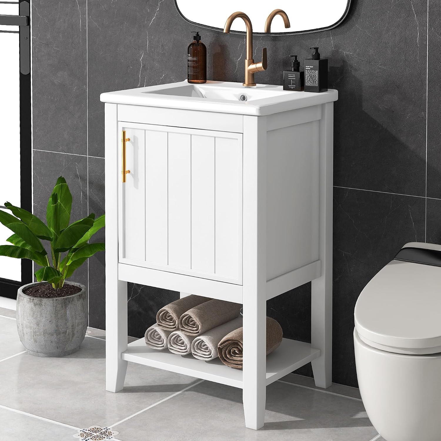 LUMISOL 20' Bathroom Vanity with Sink Top, Modern Bathroom Storage Cabinet with Soft Close Door, Storage Rack & Open Shelf, Free Standing Single Vanity with Ceramic Sink for Small Bathroom, White