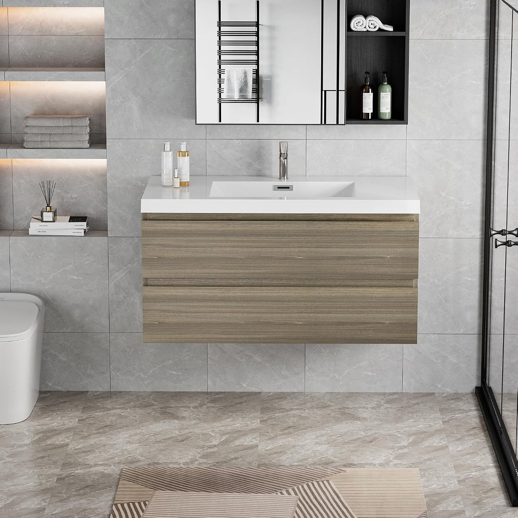 42' Floating Bathroom Vanity with Sink, Modern Wall Mounted Bathroom Storage Vanity Cabinet with Resin Top Basin and Soft Close Drawers, Ash Grey 24V11 42AG