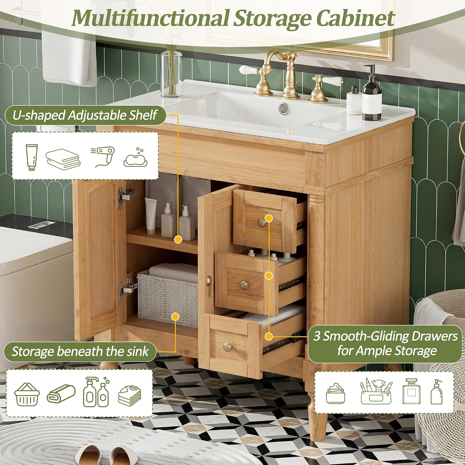 Merax 30' Bathroom Vanity with Sink, 4 Solid Legs, 3 Drawers 2 Doors, Modern Freestanding Wooden Bathroom Cabinet with Undermount Upgraded Ceramic Sink, Quick Assembly, Nature Wood