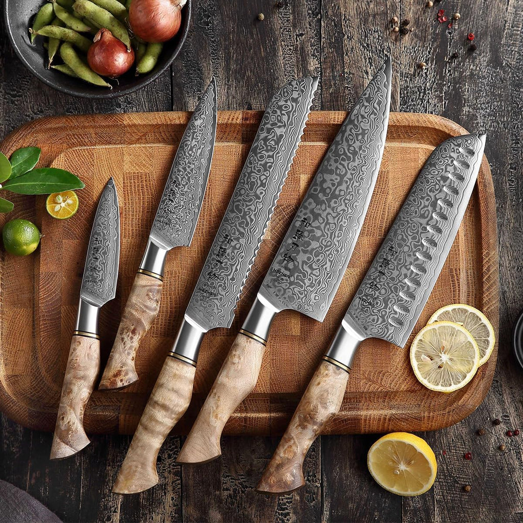 HEZHEN Damascus Kitchen Knives Set, Damascus Steel Japanese Style Chef Knife Utility Knife Santoku Knife,Figured Sycamore Wood Handle