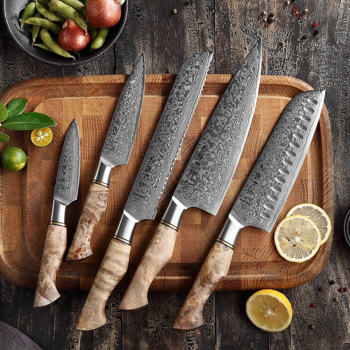 HEZHEN Damascus Kitchen Knives Set, Damascus Steel Japanese Style Chef Knife Utility Knife Santoku Knife,Figured Sycamore Wood Handle