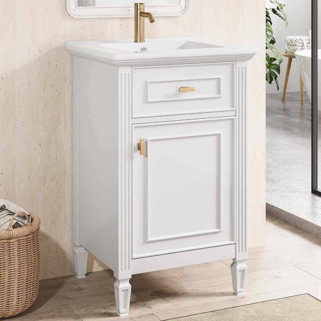 20'' Bathroom Vanity with Sink, Freestanding Storage Cabinet with Tilt-Out Drawer, Adjustable Shelf and Solid Wood Legs for Small Bathroom (White-4.10)