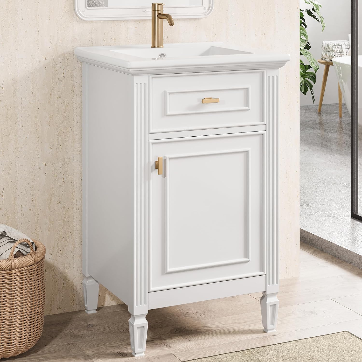 20'' Bathroom Vanity with Sink, Freestanding Storage Cabinet with Tilt-Out Drawer, Adjustable Shelf and Solid Wood Legs for Small Bathroom (White-4.10)