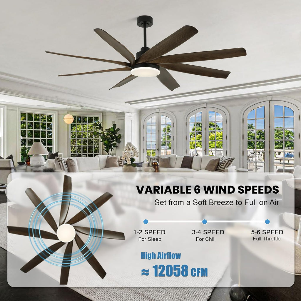 Dawn Whisper 72 Inch Ceiling Fans with Lights and Remote Black Large Modern LED Ceiling Fan for Living Room Bedroom 8 Blades 6 Speed Reversible DC Motor
