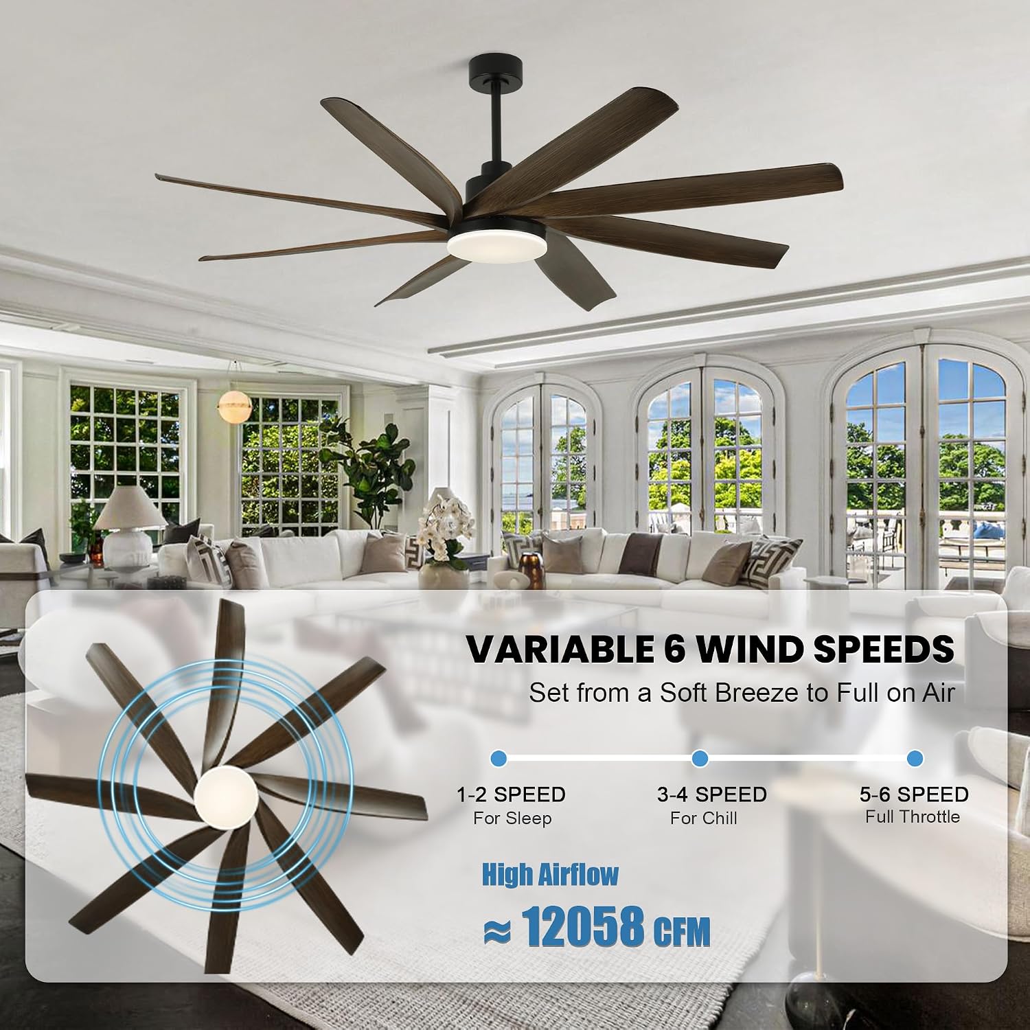 Dawn Whisper 72 Inch Ceiling Fans with Lights and Remote Black Large Modern LED Ceiling Fan for Living Room Bedroom 8 Blades 6 Speed Reversible DC Motor