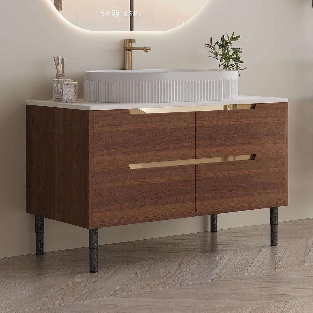 36' Bathroom Vanity with Above Oval Sink Set, Modern Walnut 2-in-1 Wall Mounted & Freestanding Bathroom Vanity Cabinet with Sintered Stone top&4 Storage Drawers, Bathroom Single Sink Cabinet