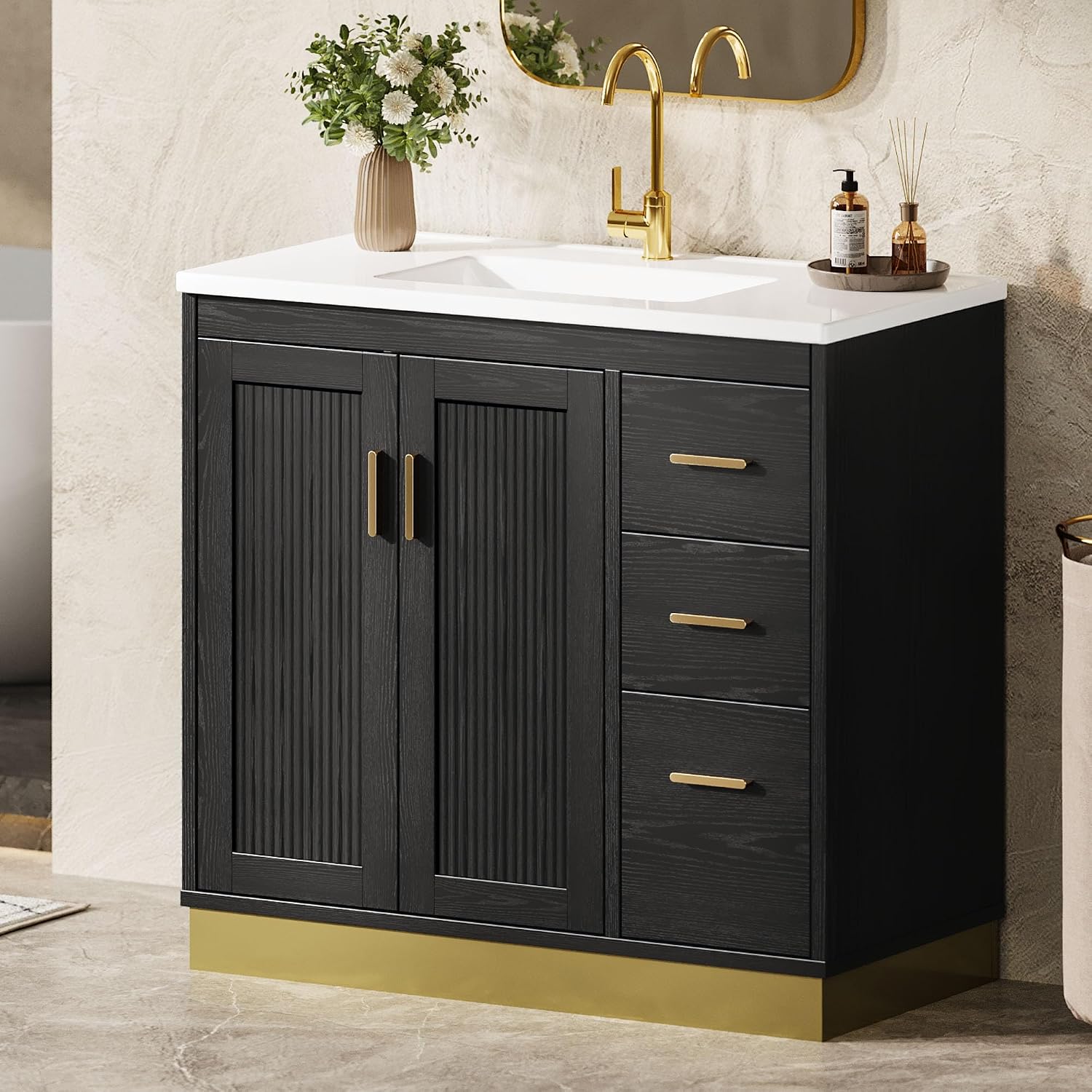 ANCTOR 36 inch Bathroom Vanity with Sink, Modern Black Bathroom Sink with Upgraded All-in-One SMC Sink, Adjustable Shelves, 2 Metal Hooks, Soft Closing Doors, 3 Drawers & Gold Handles