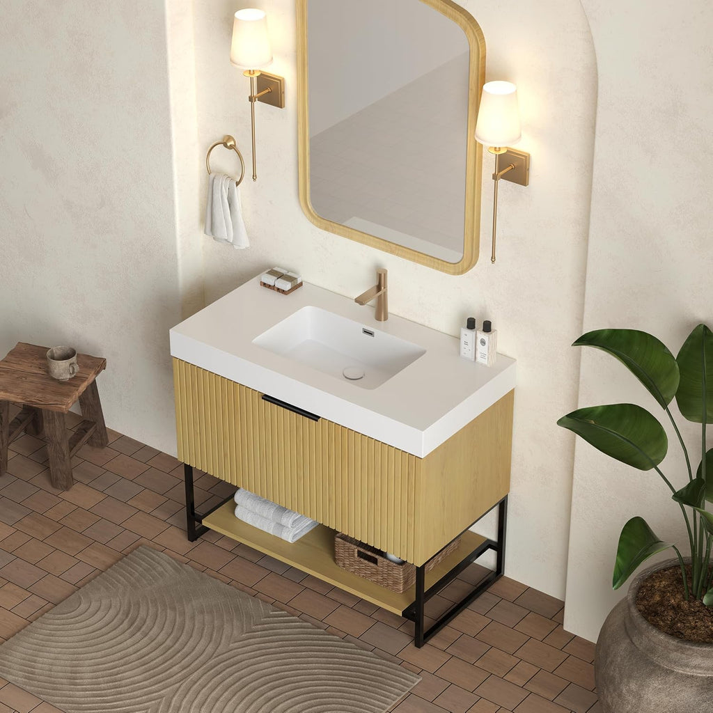36'' Modern Bathroom Vanity with Sink, Freestanding Oak Plywood Cabinet with Rectangular Acrylic Integrated Basin, Bathroom Vanities Cabinet with Drawer and Open Shelf-Lund, Golden Oak