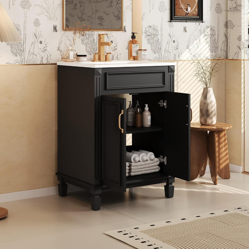 24 Inch Black Bathroom Vanity with Sink,Modern Bathroom Vanity with Intergrated Countertop & 2 Tier Storage Cabinet,Soft-Closing Doors with Gold Handles,Adjustable Shelf,Solid Wood Frame