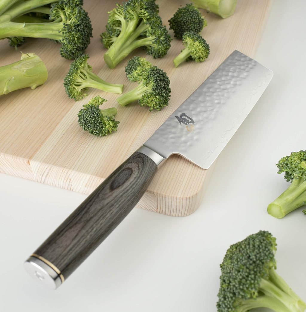 Shun Premier Grey 5.5' Nakiri Knife, Handcrafted Japanese Vegetable Knife, VG-MAX Core with Damascus Stainless Steel Cladding, Pakkawood Handle, for Professional and Home Chefs